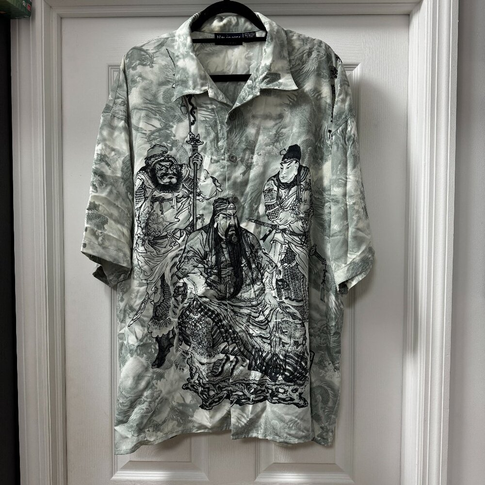 Vintage 90's Guan Yu Asian Samurai General Button-down Shirt Navigator grey XL